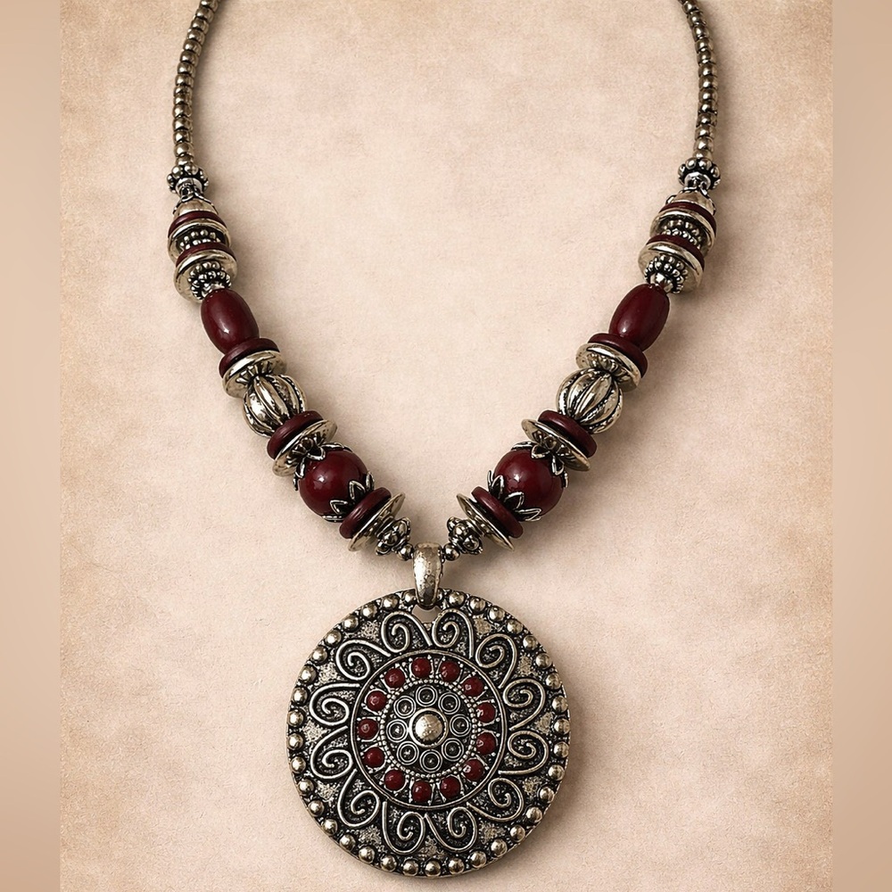 Boho Burgundy Beaded Medallion Necklace Silver Tone Statement Pendant Necklace